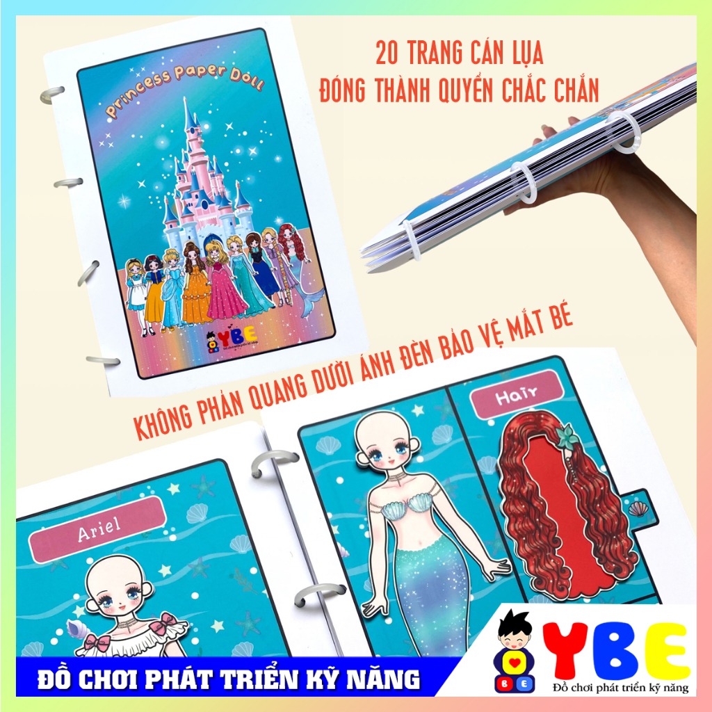 Đồ chơi búp bê bóc dán công chúa chất liệu nhựa cán lụa cao cấp thương hiệu YBE cho bé gái thay trang phuc cho công chúa