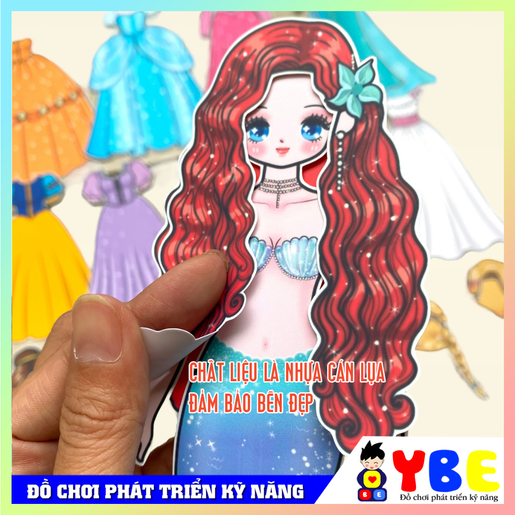 Đồ chơi búp bê bóc dán công chúa chất liệu nhựa cán lụa cao cấp thương hiệu YBE cho bé gái thay trang phuc cho công chúa