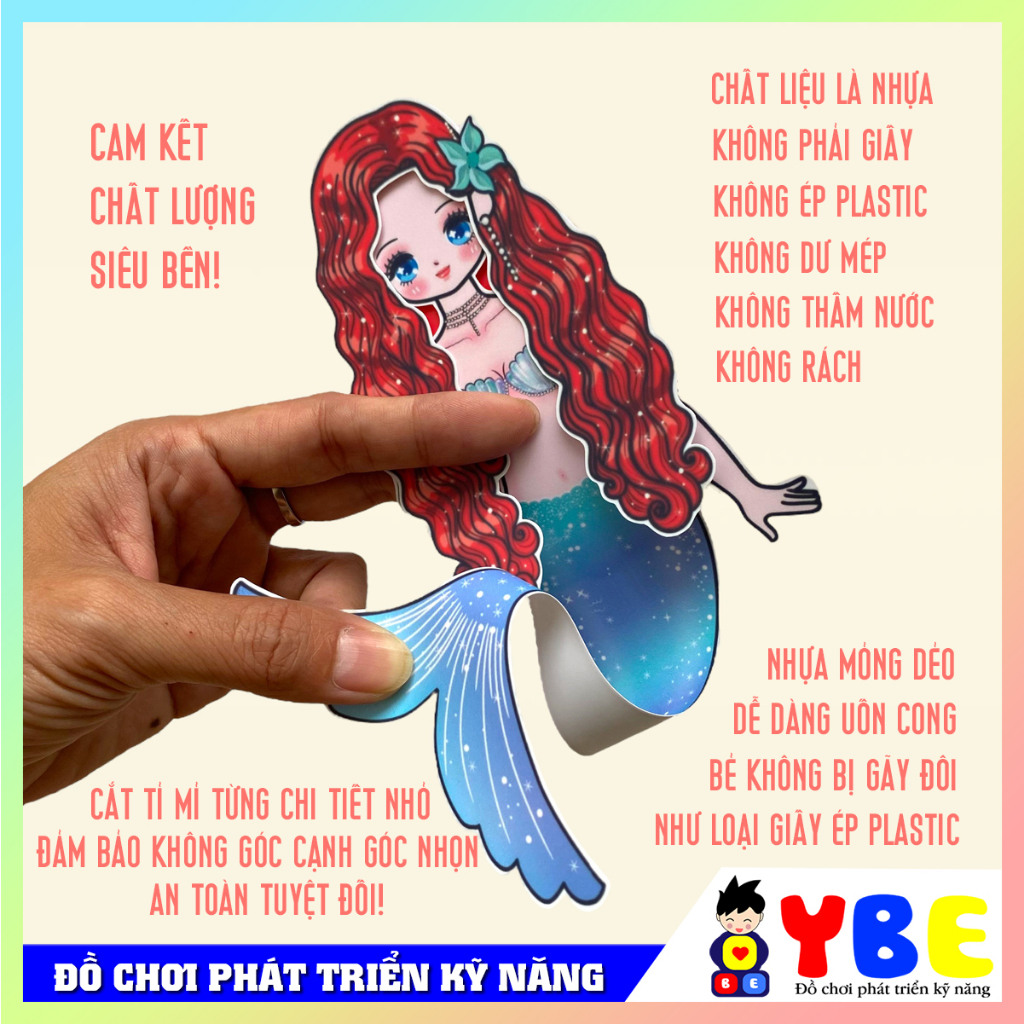 Đồ chơi búp bê bóc dán công chúa chất liệu nhựa cán lụa cao cấp thương hiệu YBE cho bé gái thay trang phuc cho công chúa
