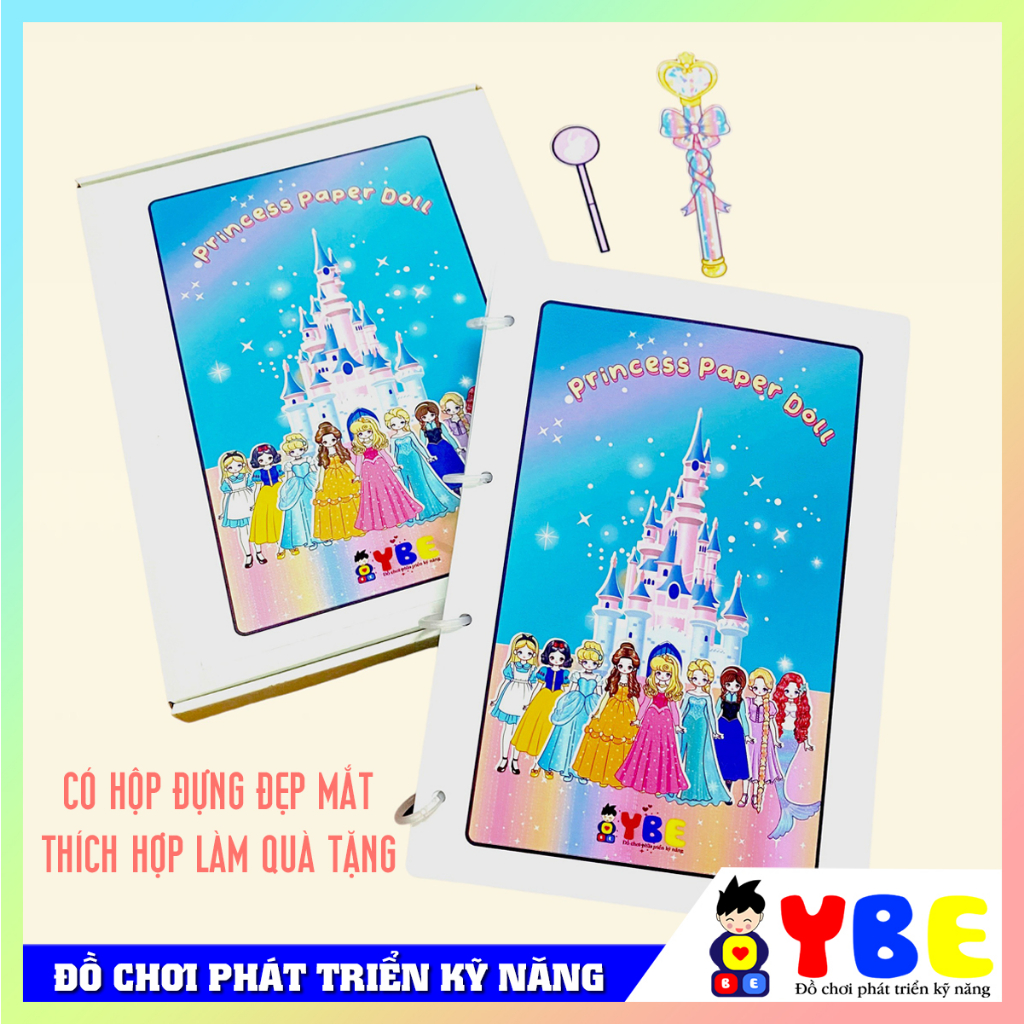 Đồ chơi búp bê bóc dán công chúa chất liệu nhựa cán lụa cao cấp thương hiệu YBE cho bé gái thay trang phuc cho công chúa