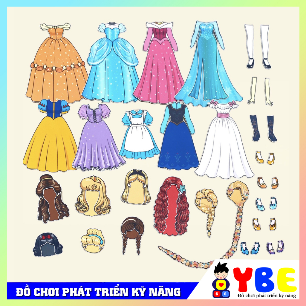 Đồ chơi búp bê bóc dán công chúa chất liệu nhựa cán lụa cao cấp thương hiệu YBE cho bé gái thay trang phuc cho công chúa