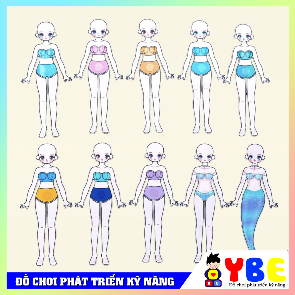 Đồ chơi búp bê bóc dán công chúa chất liệu nhựa cán lụa cao cấp thương hiệu YBE cho bé gái thay trang phuc cho công chúa
