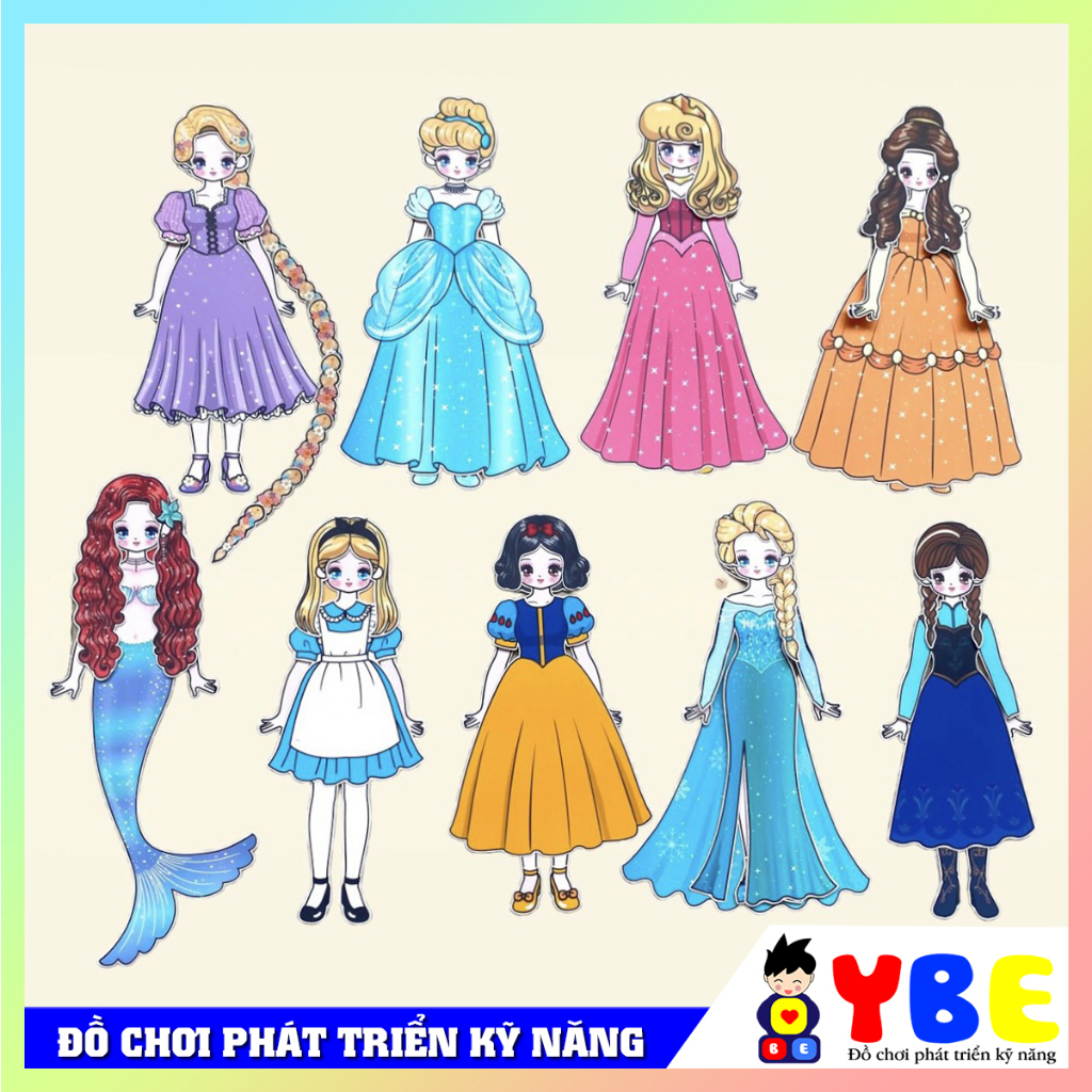 Đồ chơi búp bê bóc dán công chúa chất liệu nhựa cán lụa cao cấp thương hiệu YBE cho bé gái thay trang phuc cho công chúa
