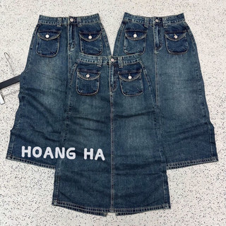 Chân váy jeans dáng dài cạp cao Váy bò chi tiết túi hộp có nắp khuy bạc Sau váy xẻ nhẹ 1 mầu basic hàng Qc