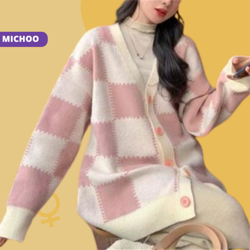 Áo Cardigan Nữ Dáng Dài MICHOO Len Thỏ Mềm Mại Hoạ Tiết Ô Hồng