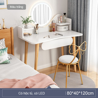 Bàn trang điểm chân gỗ tự nhiên tích hợp đèn LED thông minh có nút cảm ứng bật tắt điều chỉnh độ sáng phong cách Bắc Au
