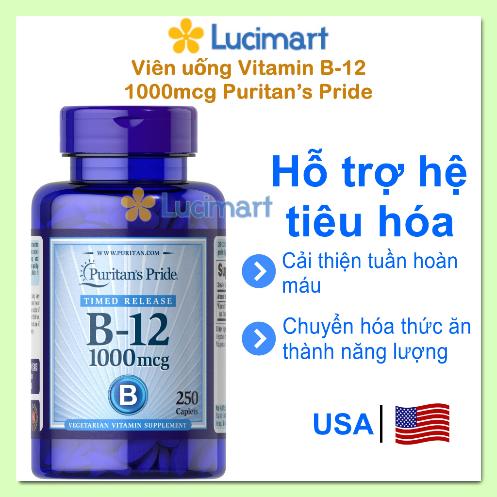 Viên uống Vitamin B-12 1000mcg Puritan’s Pride hỗ trợ tăng hấp thu dinh dưỡng 250 viên [Hàng Mỹ]