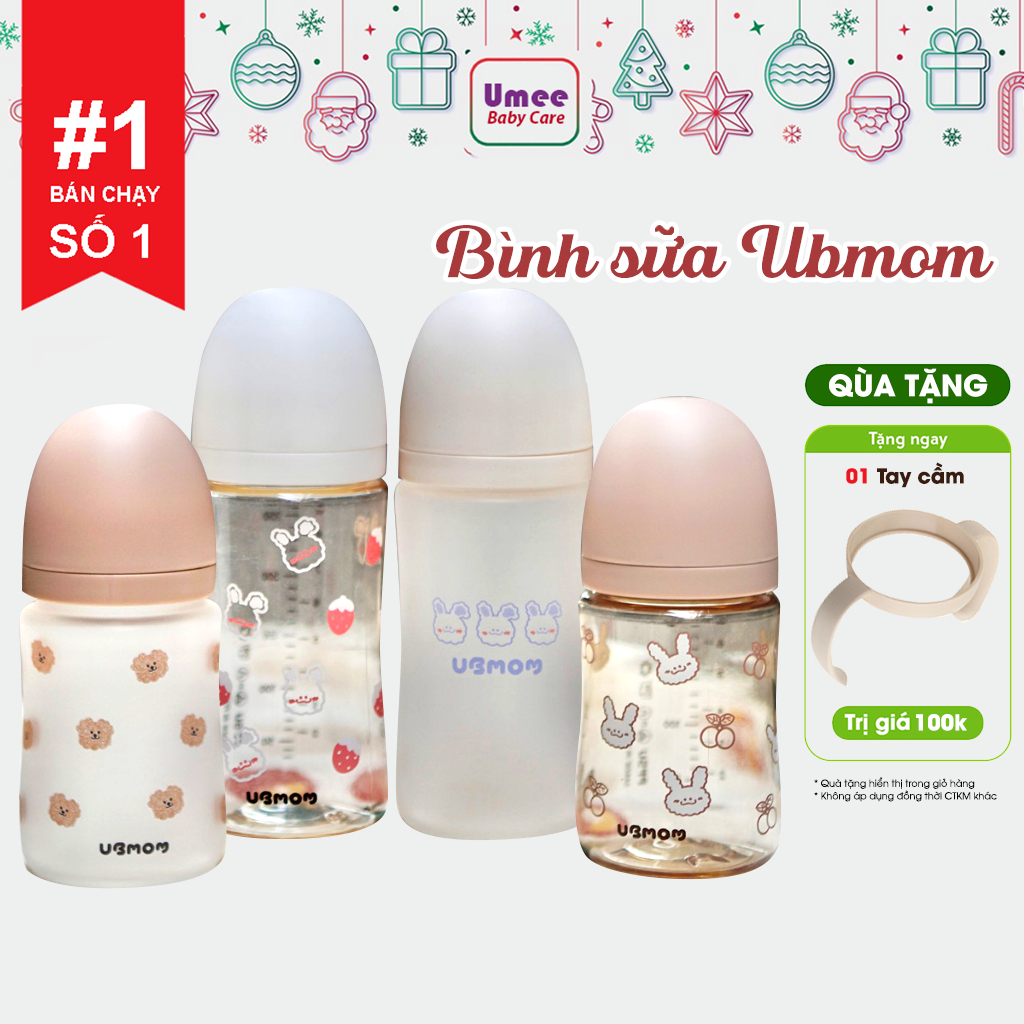 Bình Sữa Bình Ti UBMOM Hàn Quốc Chính Hãng Cho Bé Họa Tiết Thỏ Trắng, Thỏ Nâu Mẫu Mới 200ml/280ml