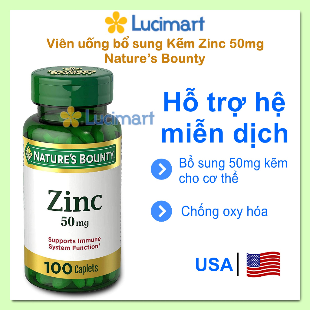 Viên uống bổ sung Kẽm Zinc 50mg Nature’s Bounty hũ 100 viên [Hàng Mỹ]