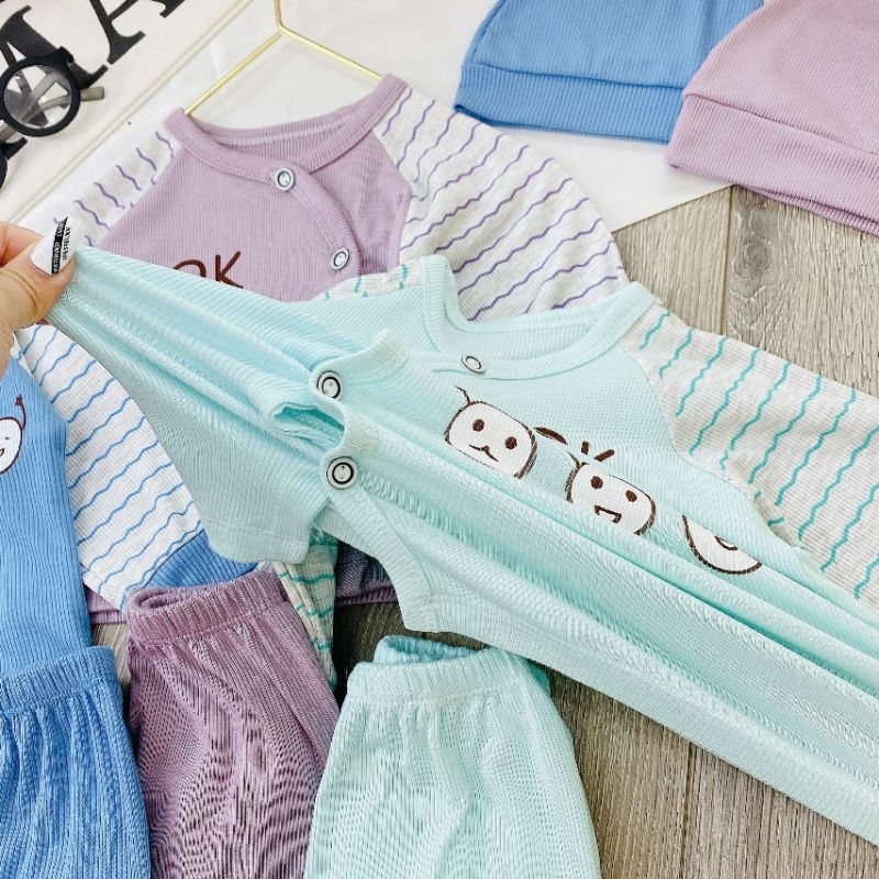 Bộ Quần Áo Sơ Sinh Len Tăm Thu Đông Kèm Mũ Cho Bé 3-8kg