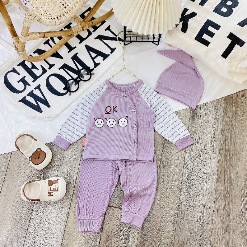 Bộ Quần Áo Sơ Sinh Len Tăm Thu Đông Kèm Mũ Cho Bé 3-8kg