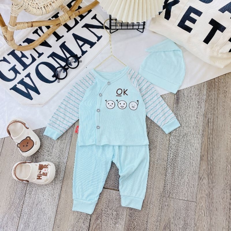 Bộ Quần Áo Sơ Sinh Len Tăm Thu Đông Kèm Mũ Cho Bé 3-8kg