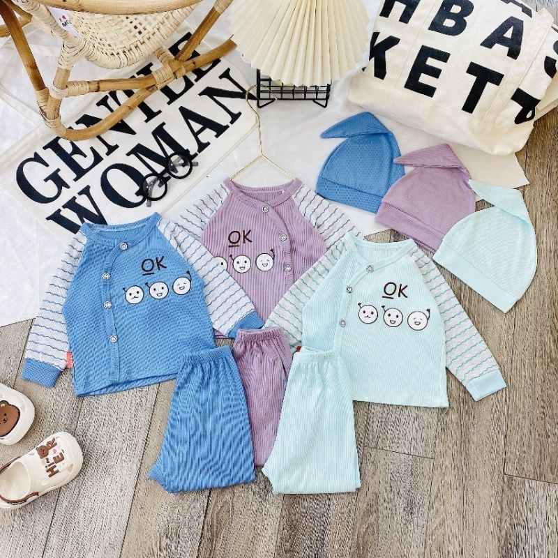 Bộ Quần Áo Sơ Sinh Len Tăm Thu Đông Kèm Mũ Cho Bé 3-8kg