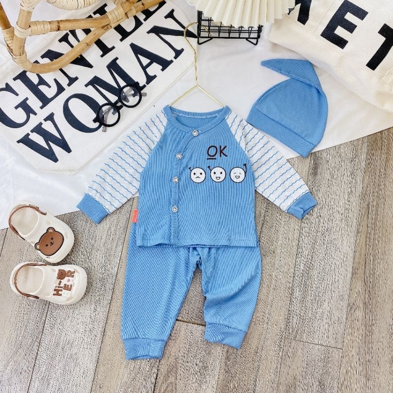 Bộ Quần Áo Sơ Sinh Len Tăm Thu Đông Kèm Mũ Cho Bé 3-8kg