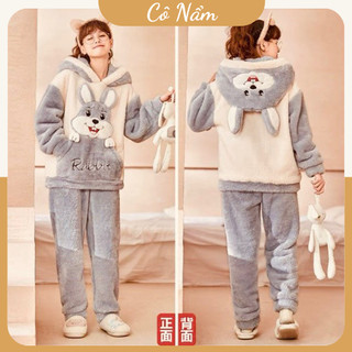 Set bộ đồ mùa đông bộ đồ ngủ áo lông có mũ tai thỏ rabit trắng xám mix quần lông dáng dài bo gấu quần
