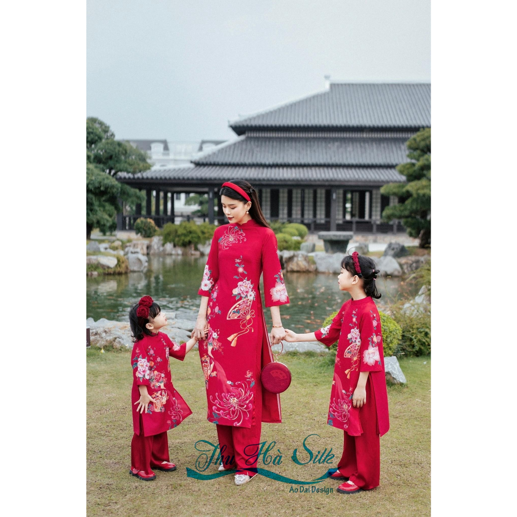 Set áo dài mẹ và bé Hà Cúc - vải tơ gân - họa tiết in 3D cao cấp - màu đỏ - Áo Dài An Nhiên - AN03