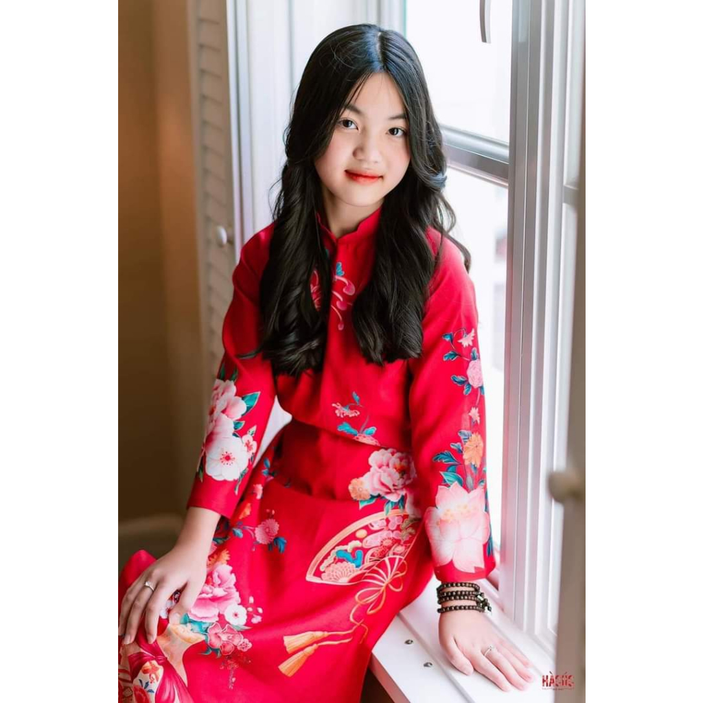 Set áo dài mẹ và bé Hà Cúc - vải tơ gân - họa tiết in 3D cao cấp - màu đỏ - Áo Dài An Nhiên - AN03