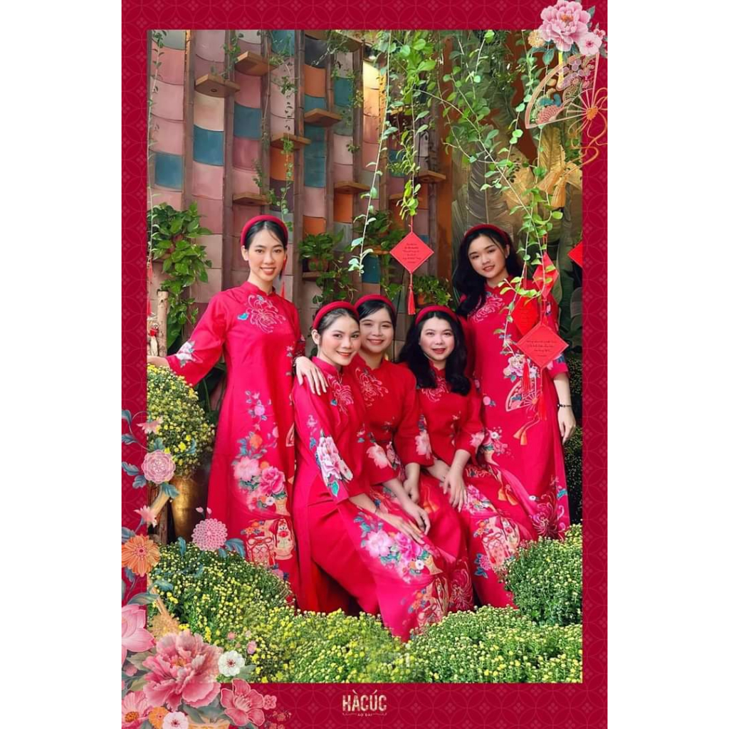 Set áo dài mẹ và bé Hà Cúc - vải tơ gân - họa tiết in 3D cao cấp - màu đỏ - Áo Dài An Nhiên - AN03