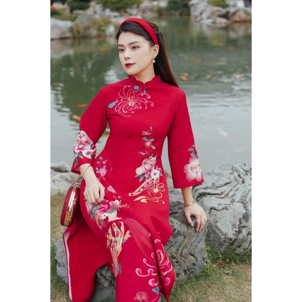 Set áo dài mẹ và bé Hà Cúc - vải tơ gân - họa tiết in 3D cao cấp - màu đỏ - Áo Dài An Nhiên - AN03