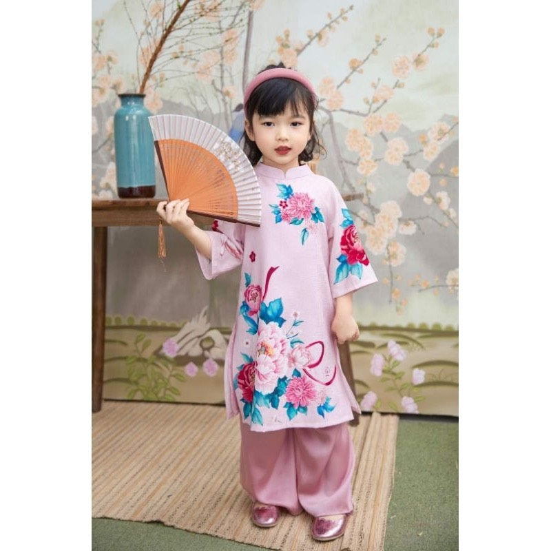 Set áo dài mẹ và bé Hà Cúc - vải tơ gân - họa tiết in 3D cao cấp - màu hồng - Áo Dài An Nhiên - AN01