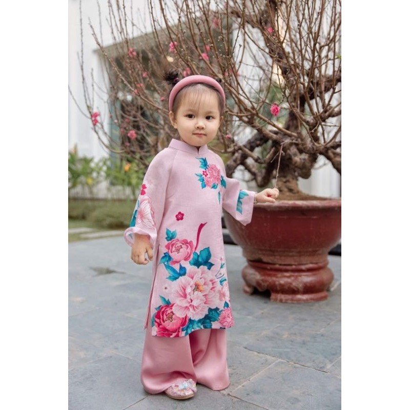 Set áo dài mẹ và bé Hà Cúc - vải tơ gân - họa tiết in 3D cao cấp - màu hồng - Áo Dài An Nhiên - AN01
