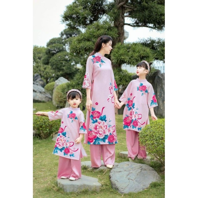 Set áo dài mẹ và bé Hà Cúc - vải tơ gân - họa tiết in 3D cao cấp - màu hồng - Áo Dài An Nhiên - AN01