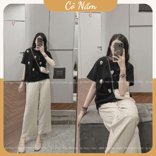 Set Bộ Đồ Nữ Áo Phông Nữ Ngắn Tay Màu Đen Gắn Hoa Nhí Nổi Mix Quần Suông Đũi Dài Ống Rộng Thắt Dây Rút