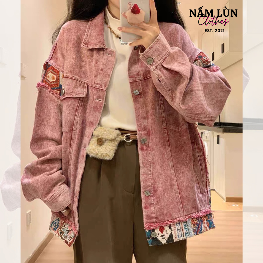 Áo khoác nữ Nấm Lùn Clothes Áo khoác jean nữ Áo khoác kaki form rộng phong cách retro Áo khoác ulzzang thổ cẩm K05