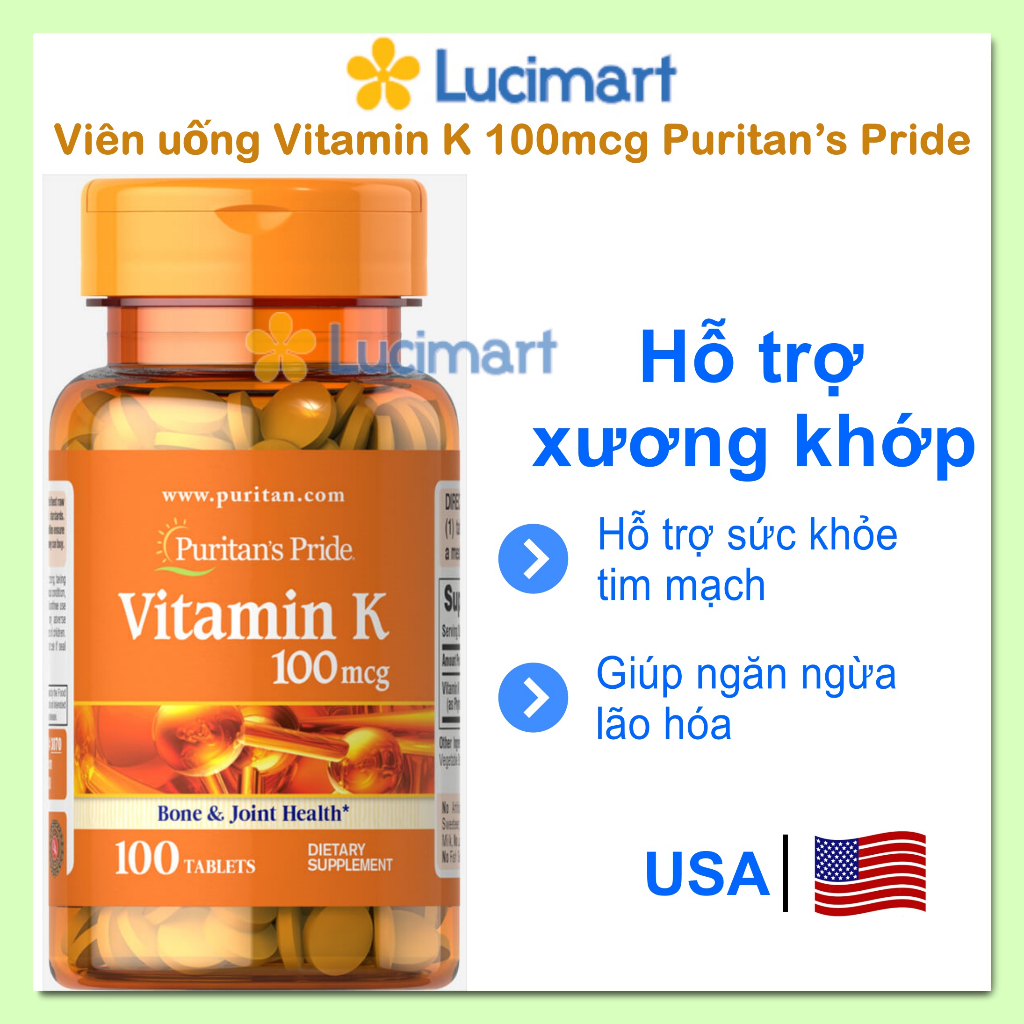 Viên uống Vitamin K 100mcg Puritan’s Pride hỗ trợ chắc xương, hũ 100 viên [Hàng Mỹ]