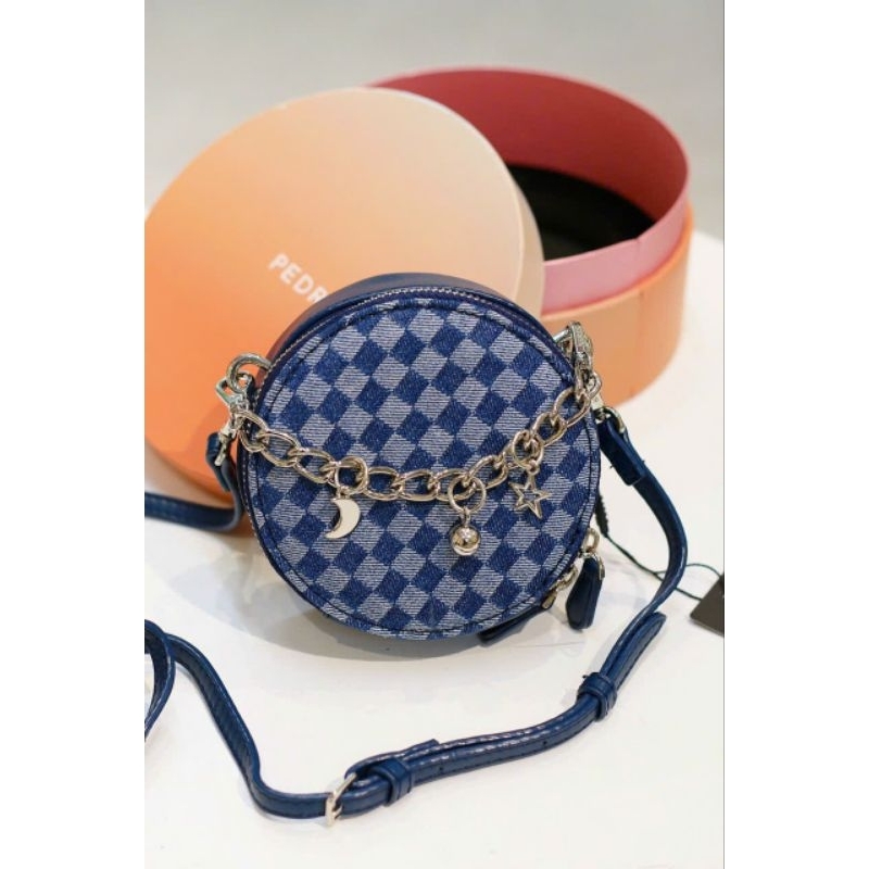 Túi xách PEDR Micro mini bag dáng trống tròn 3 màu phối quai xác  h tay siêu cưng, Kèm dây da đeo chéo size 12 cm