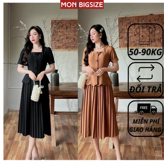 Set đồ bộ bigsize nữ dự tiệc đi chơi sang chảnh kiểu áo răng cưa chân váy dập ly MON big size 50 - 90kg