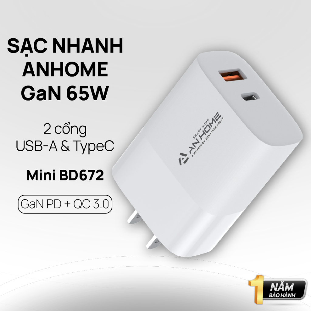 Củ Sạc Nhanh 65W Anhome Pd Gan 2 Cổng Type C + Usb A - Bd672, Usb C Qc 3.0 Dùng Cho Laptop, Tablets, Điện Thoại Iphone
