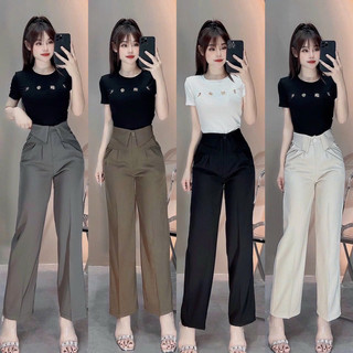 Quần ống suông lưng cao chất vải ruby hàn loại 1, Quần ống rộng cạp bẻ 2 bên siêu xinh