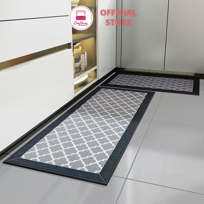 Thảm Bếp BALI Họa Tiết Kẻ Basic, Bộ 2 thảm Nhà Bếp Bề Mặt Nỉ Thấm Hút Nước Đế Cao Su Chống Trơn Trượt