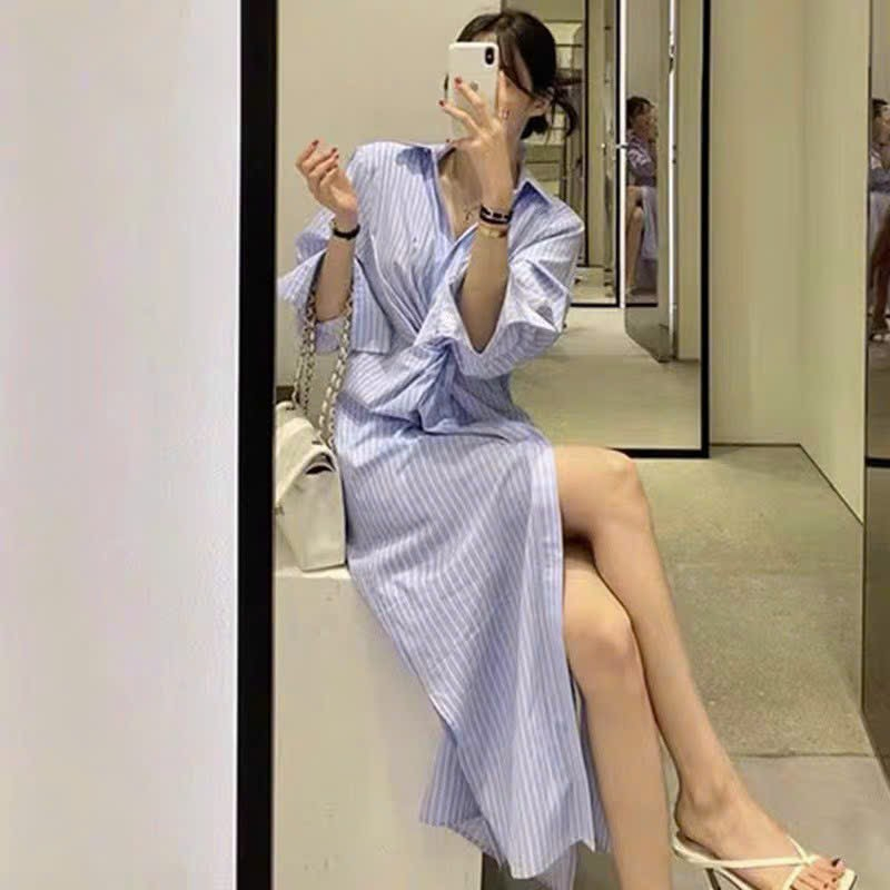 Đầm sơ mi maxi xoắn eo dài tay kẻ sọc xinh xắn