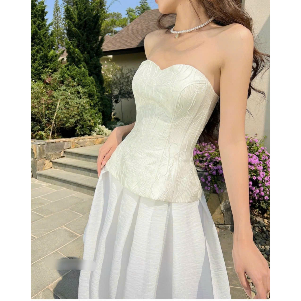 Set áo ống cúp ngực đan dây chất gấm sau mix chân váy dài xòe