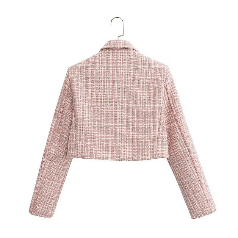 Áo blazer vải tweed dáng ngắn thu đông màu hồng nhạt
