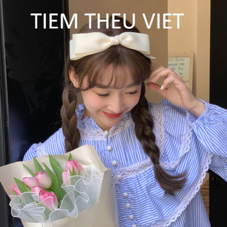 Băng đô cài tóc ruy băng chéo tiệm thêu việt bờm tóc nữ