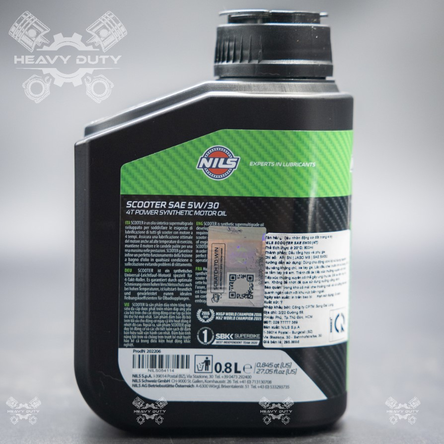 Nhớt Cao Cấp Xe Tay Ga NILS SCOOTER 4T 5W-30 Jaso MB Fully Synthetic 800ML Made in Italy