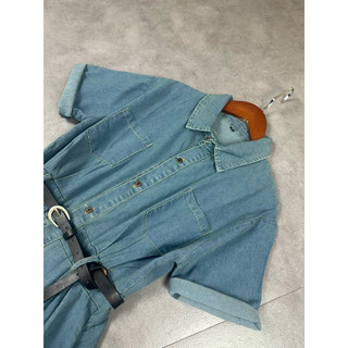 Đầm jeans xanh basic kèm đai cho nữ