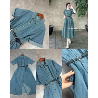 Đầm jeans xanh basic kèm đai cho nữ
