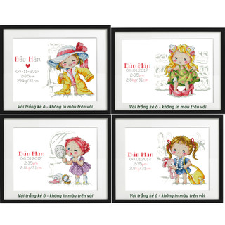 Tranh thêu chữ thập không in màu trên vải 3 bé gái (33 x 22 cm)