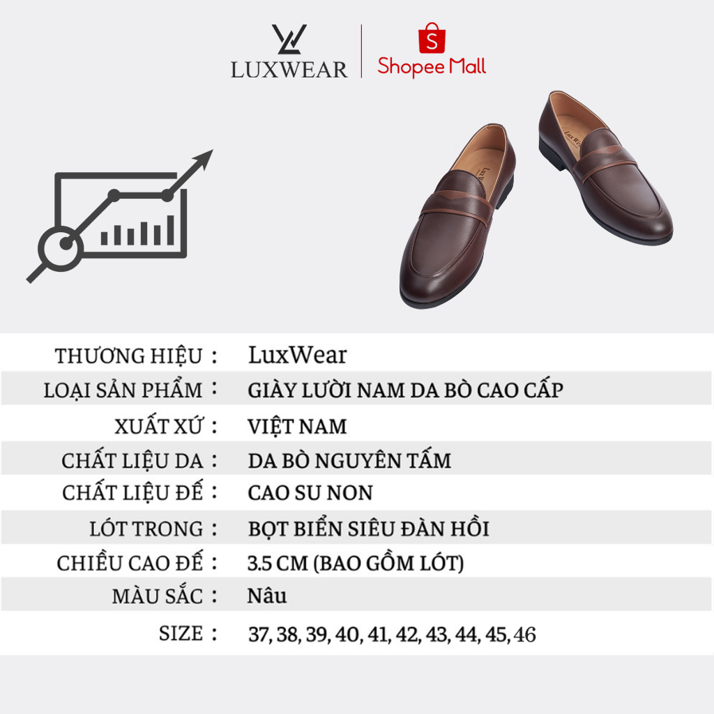 Giày lười nam da bò cao cấp đế khâu LuxWear Penny Loafers màu nâu bảo hành 12 tháng GD05