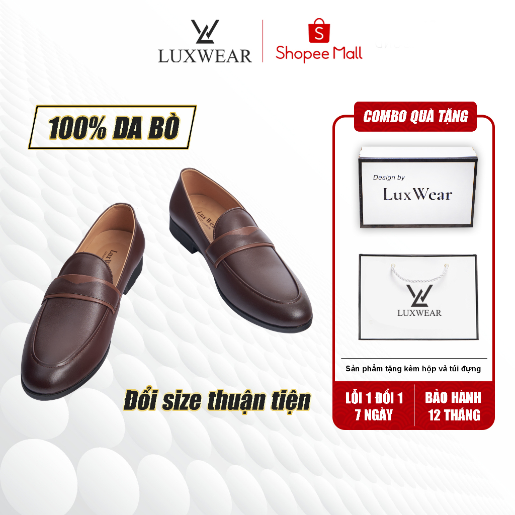 Giày lười nam da bò cao cấp đế khâu LuxWear Penny Loafers màu nâu bảo hành 12 tháng GD05