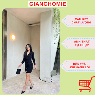 Đầm len body tay dài đính nút hàng quảng châu cao cấp siêu hot