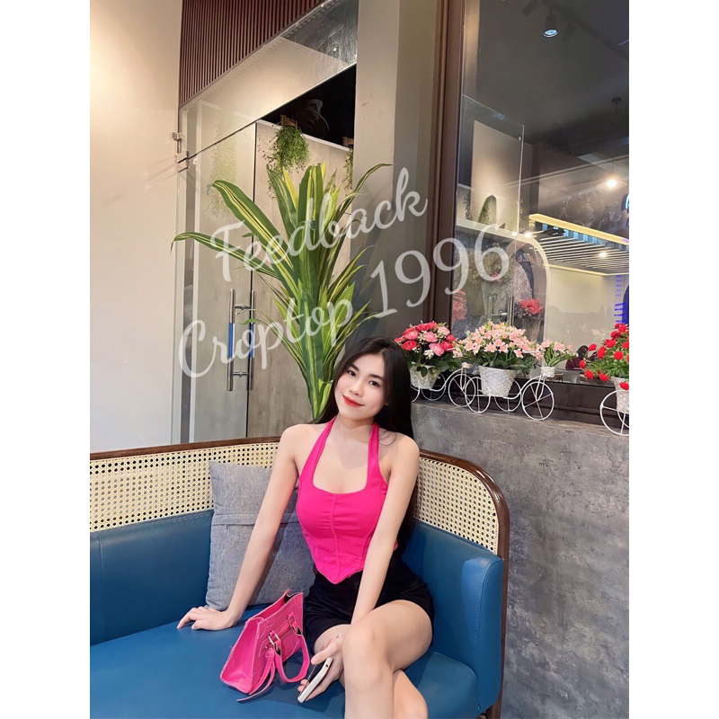 Áo croptop kiểu yếm Có Mút Nâng viền sọc nổi hở vai sexy A129