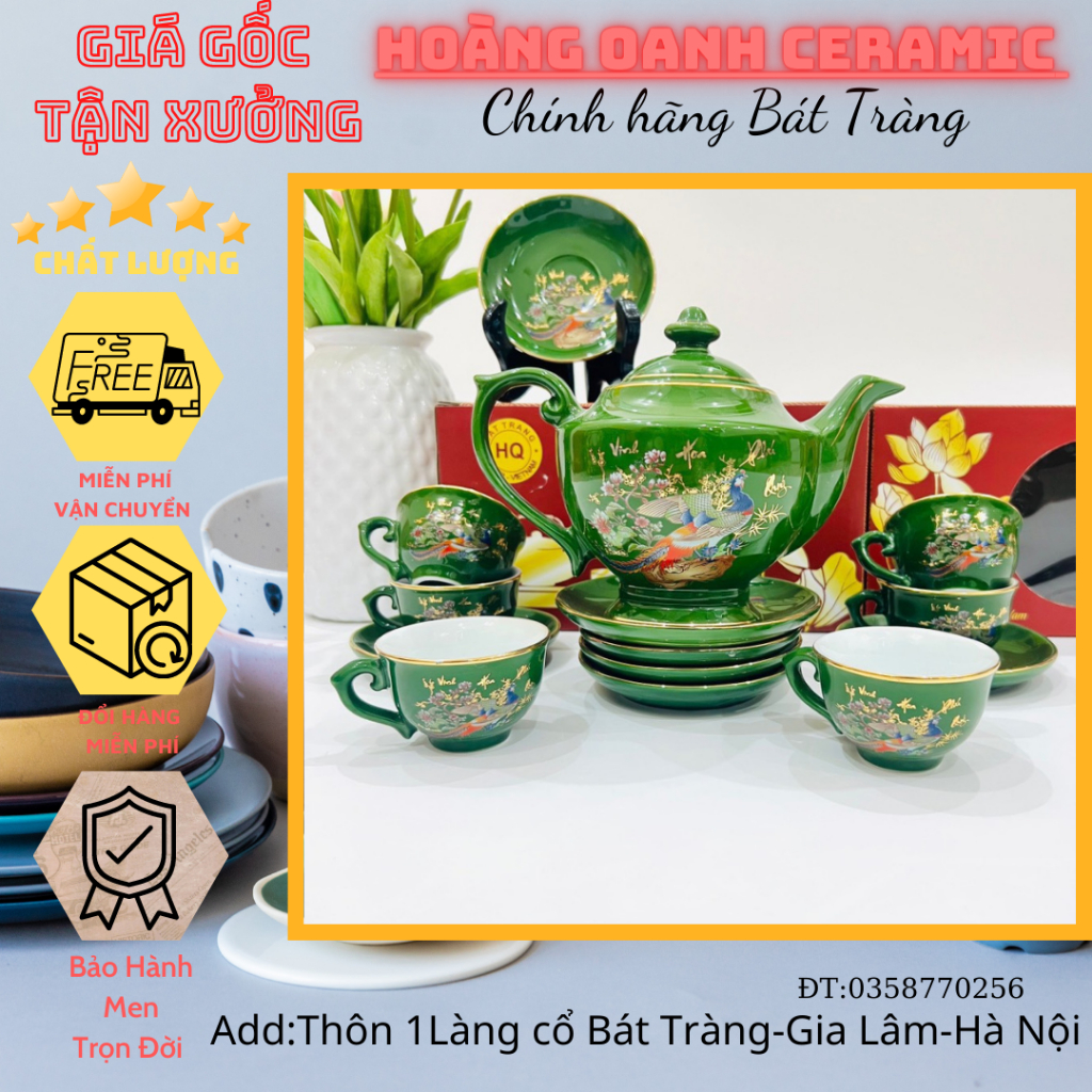(CHỌN MẪU)Ấm chén pha trà nhà lò Bát Tràng-vẽ Vàng men Rêu,Sen Phú Quý,Thuận Buồm Xuôi Gió-ấm Đèn Thần