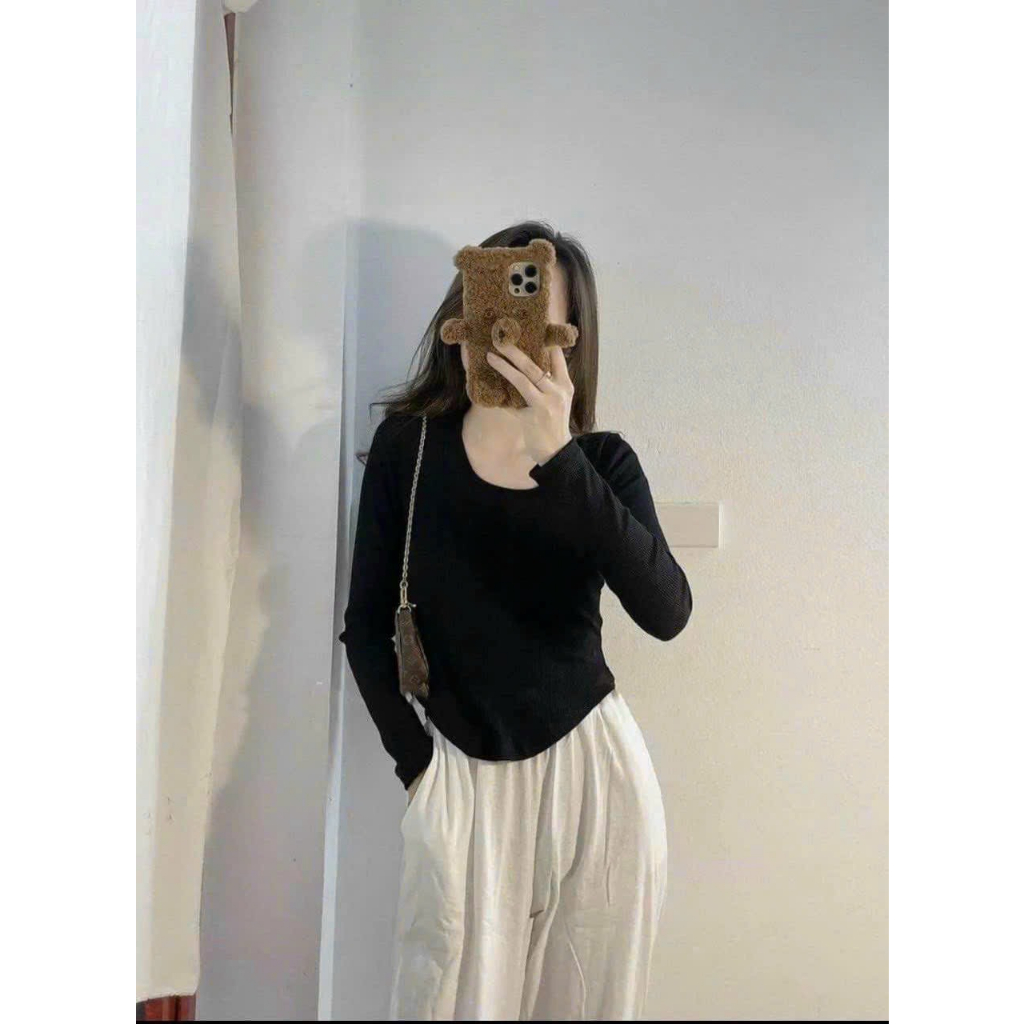 Áo Thun Đuôi Tôm Vạt Bầu Cổ Vuông  Vải Bo Gân Ôm Body - Dài Tay