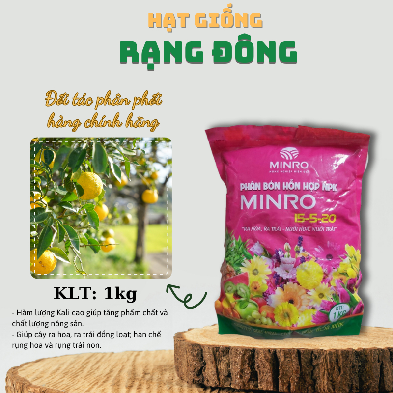 Phân Bón NPK Minro 15-5-20 (gói 1kg) - kích ra hoa, đậu trái, nuôi hoa, nuôi trái hiệu quả - Hạt giống Rạng Đông