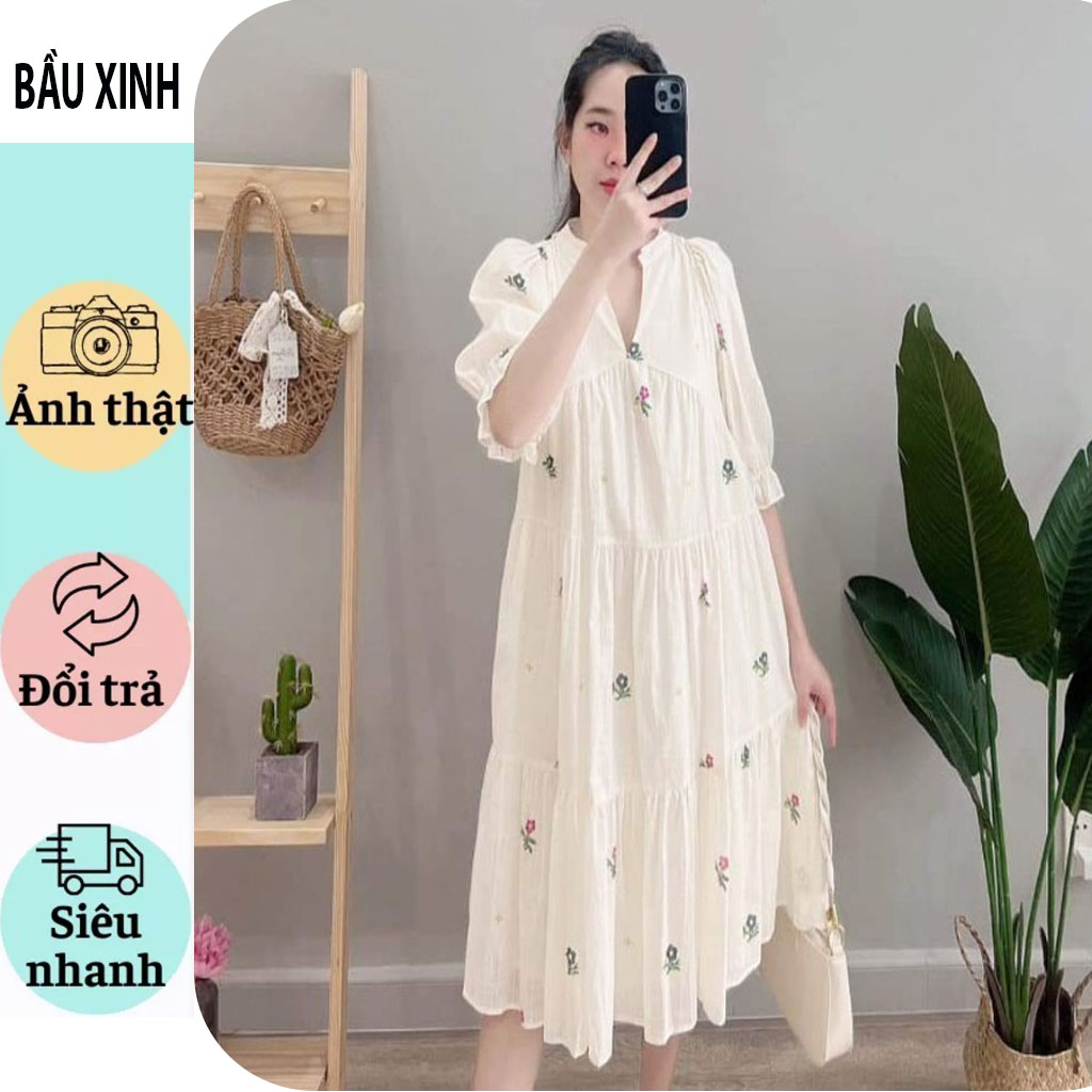 VÁY ĐẦM BẦU BABAYDOLL HOA CỔ V-VÁY BẦU CÔNG SỞ DỰ TIỆC DẠO PHỐ CỰC SANG VẢI MỀM MÁT FRERSIZE GIÁ RẺ